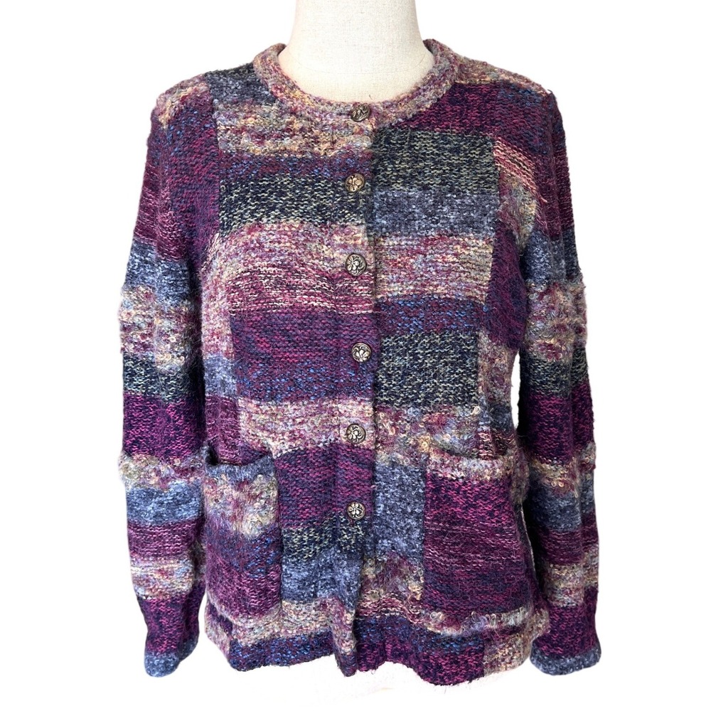 Koret Cardigan Sweater Small Purple Multi Wool Mohair Patchwork Boho Eclectic